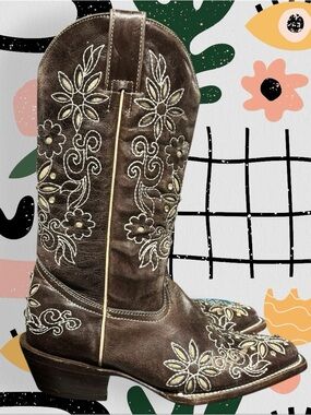 Seven Stars | Brown Genuine Leather Floral Embroidered Rhinestone Cowboy Boots